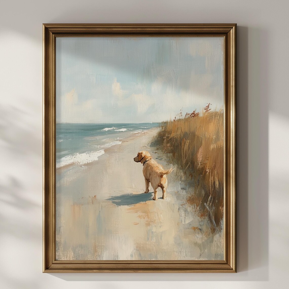 Serene Golden Retriever Dog On Beach At Sunrise Coastal Wall Art