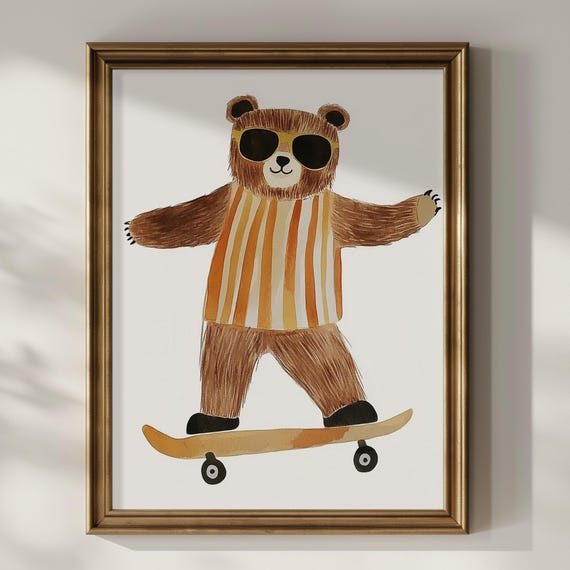 Bear Skateboard Vintage Playful Nursery Poster Print