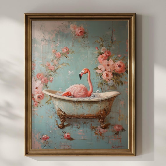Flamingo Bathroom Wall Art Funny Flamingo In Bathtub Vintage Painting Floral Wall Decor Animal Lover Gift