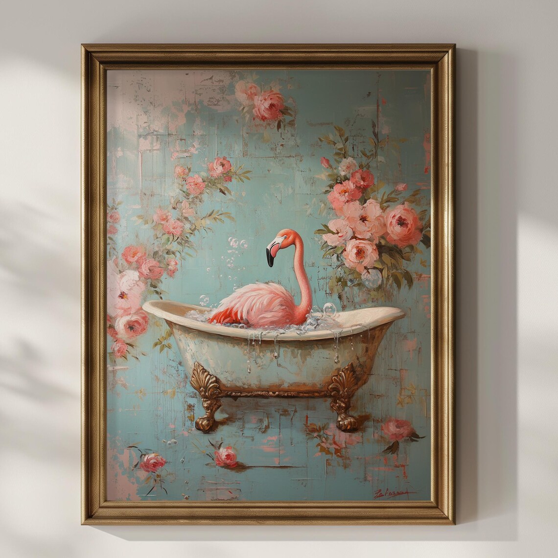 Pink Flamingo In Vintage Bubble Bath Floral Romantic Bathroom Poster