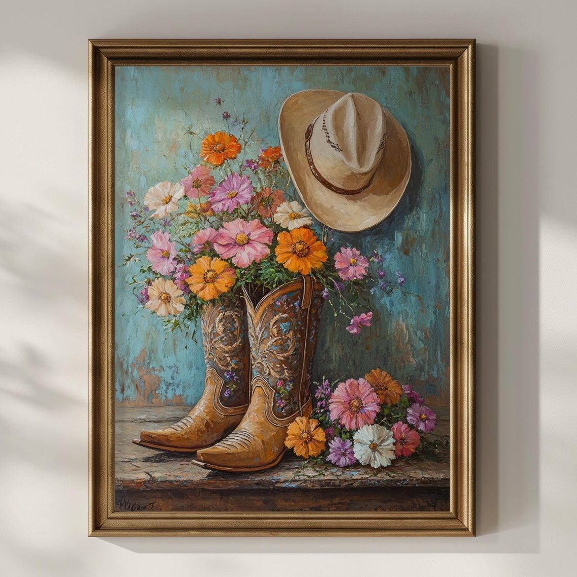 Brown Cowboy Boots With Wildflowers And Hat Rustic Western Poster