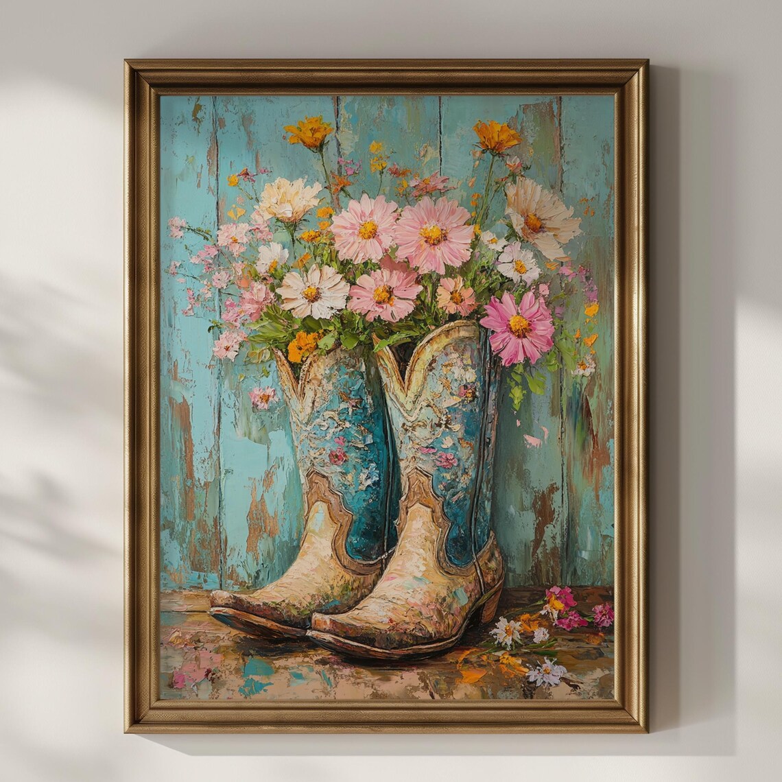 Floral Cowboy Boots Filled With Wildflowers Rustic Western Poster
