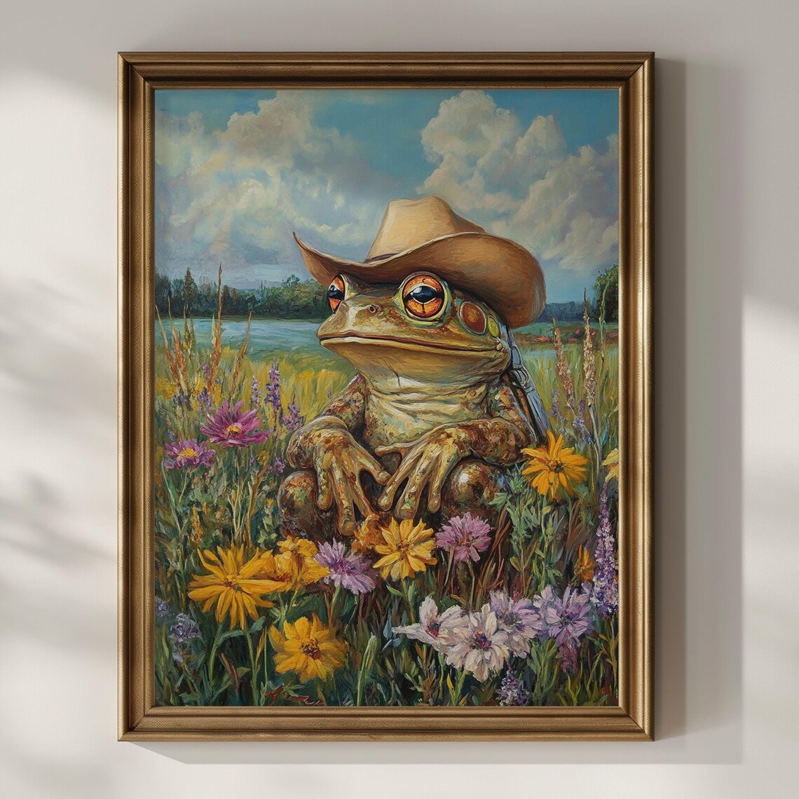 Toad Wearing Cowboy Hat in Wildflower Meadow by Lake Art Poster