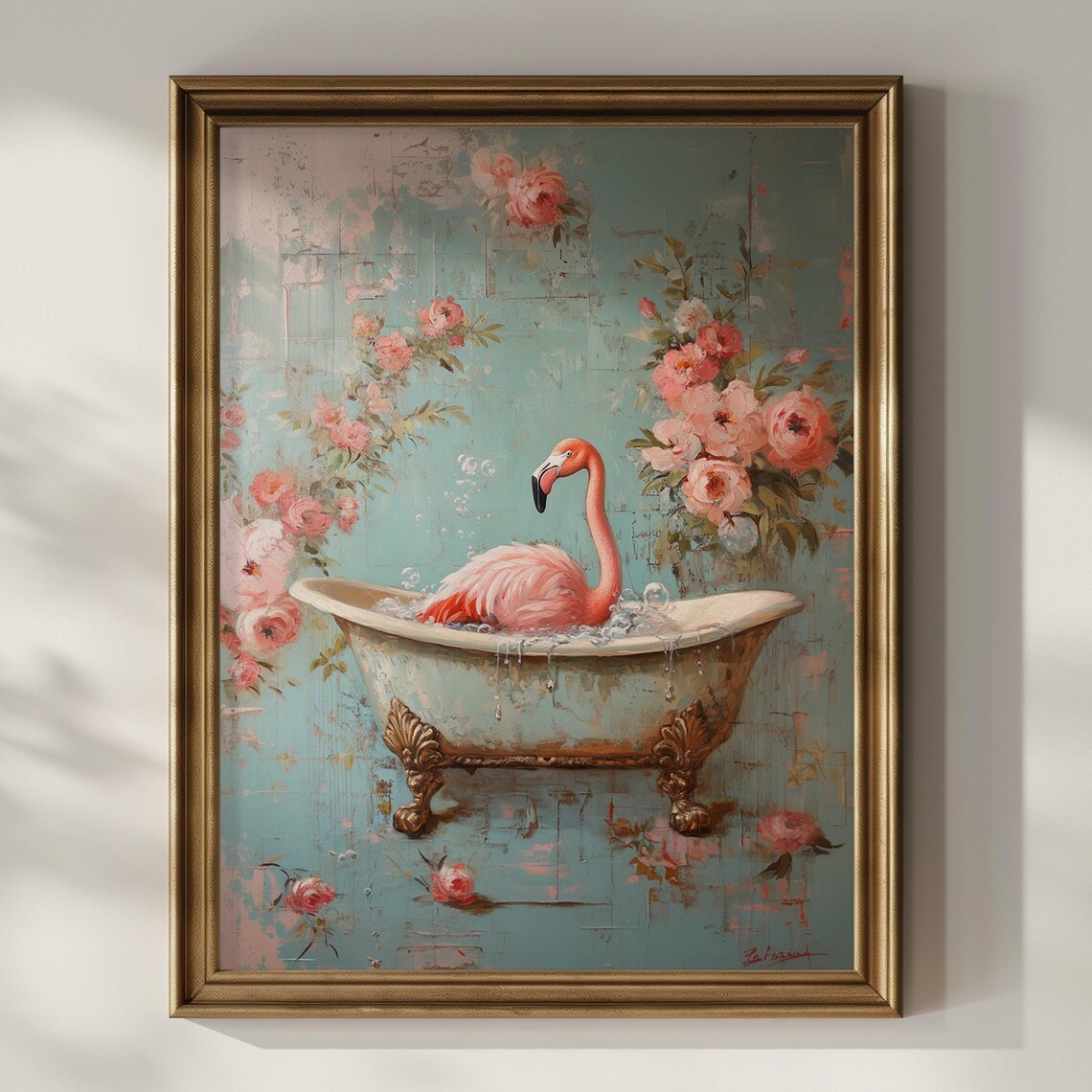Pink Flamingo Bubble Bath in Clawfoot Tub Tropical Floral Art Poster