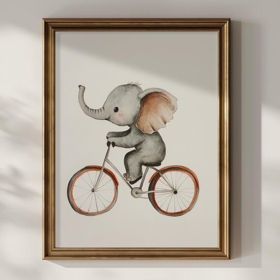 Baby Elephant Riding Bicycle Watercolor Cute Nursery Kids Room Decor Poster