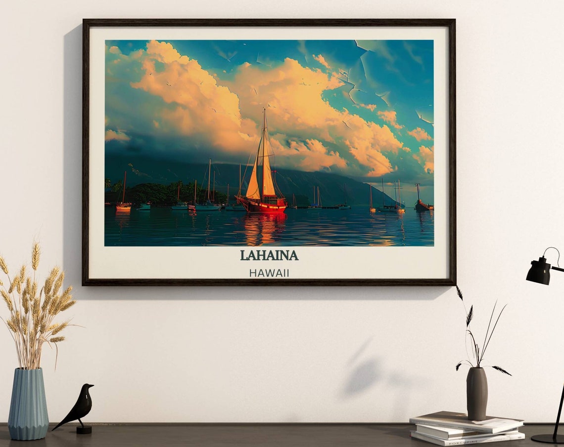 Lahaina Hawaii Sunset Sailboat Poster With Tropical Harbor View