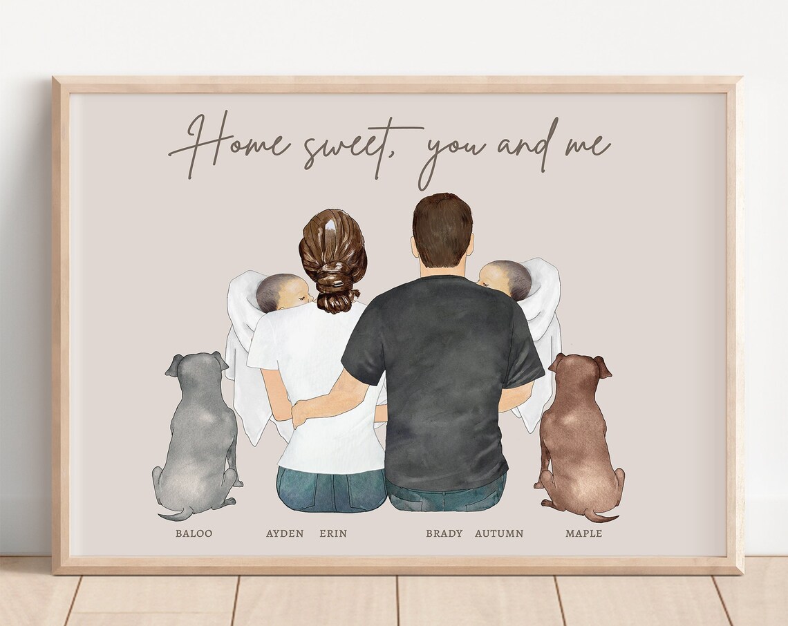 Home Sweet You and Me New Parents with Twins and Dogs Portrait Poster
