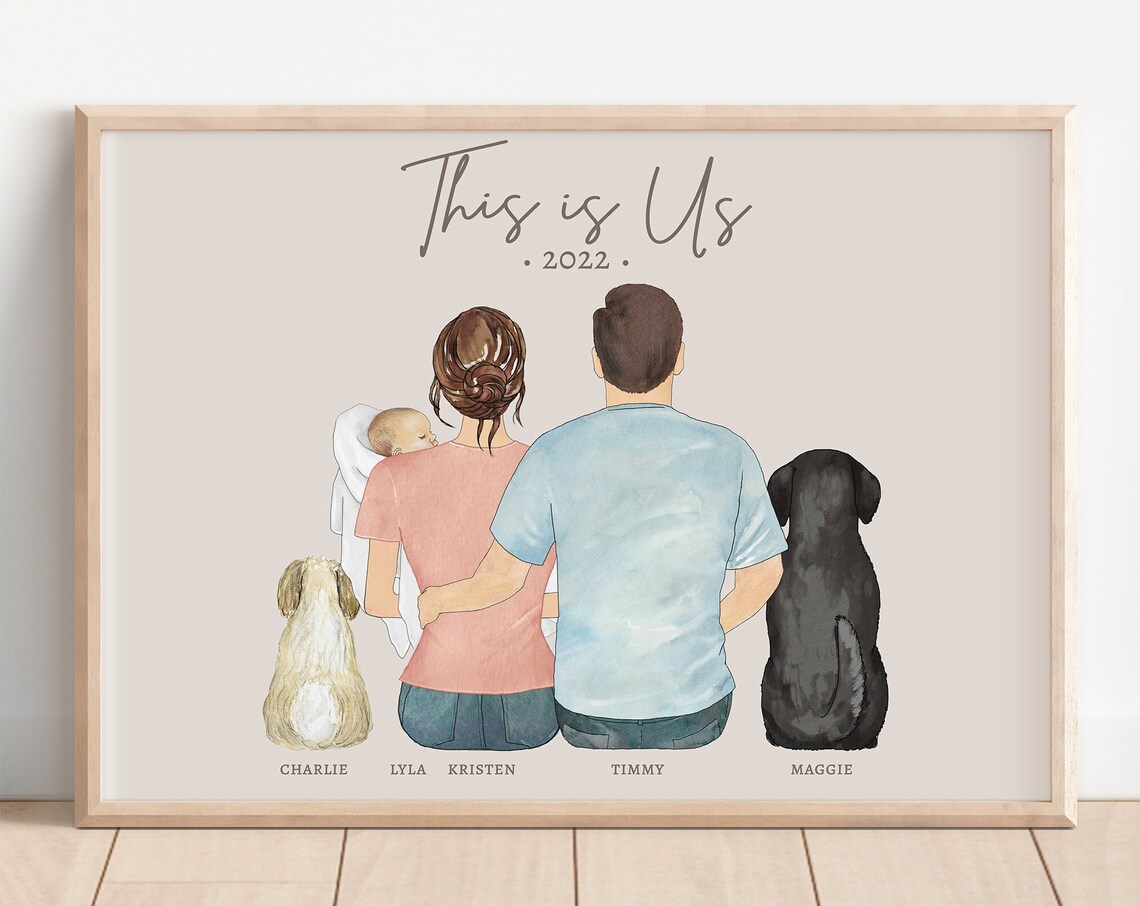 Custom This Is Us Family Portrait Print with Baby and Dogs 2022