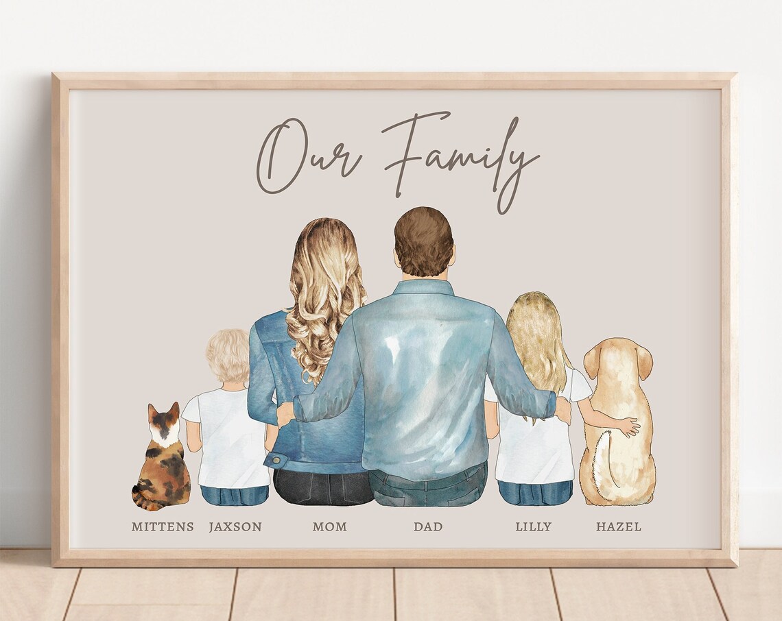 Custom Our Family Portrait Print with Kids and Two Pets Names