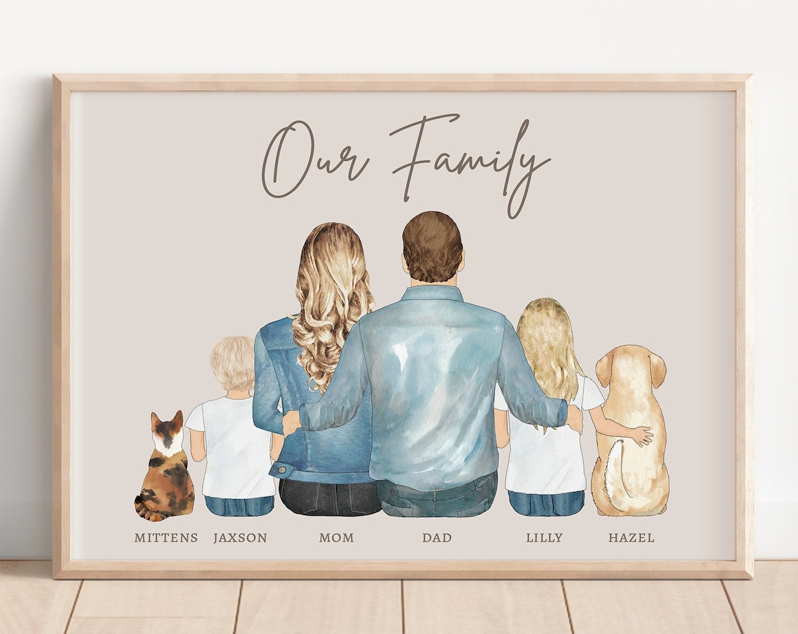 Personalized Our Family Watercolor Portrait With Pets Poster