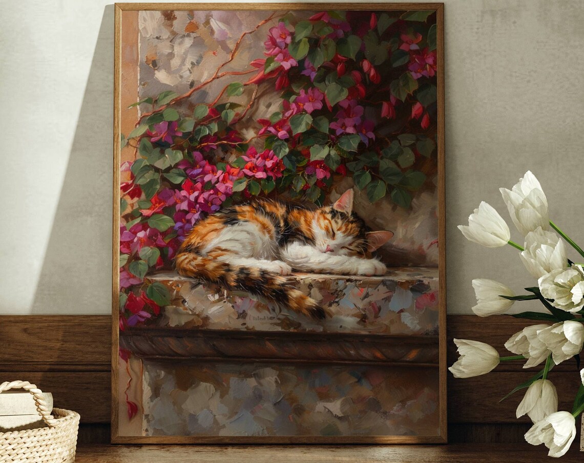 Calico Cat Sleeping On A Ledge Under Pink Bougainvillea Vines Poster