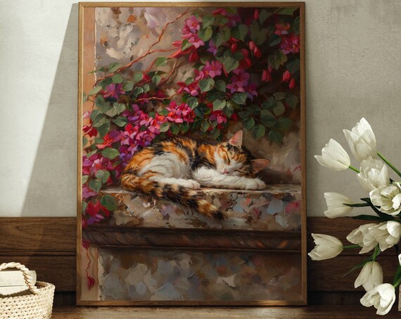 Calico Cat Sleeping On A Ledge Under Pink Bougainvillea Vines Poster