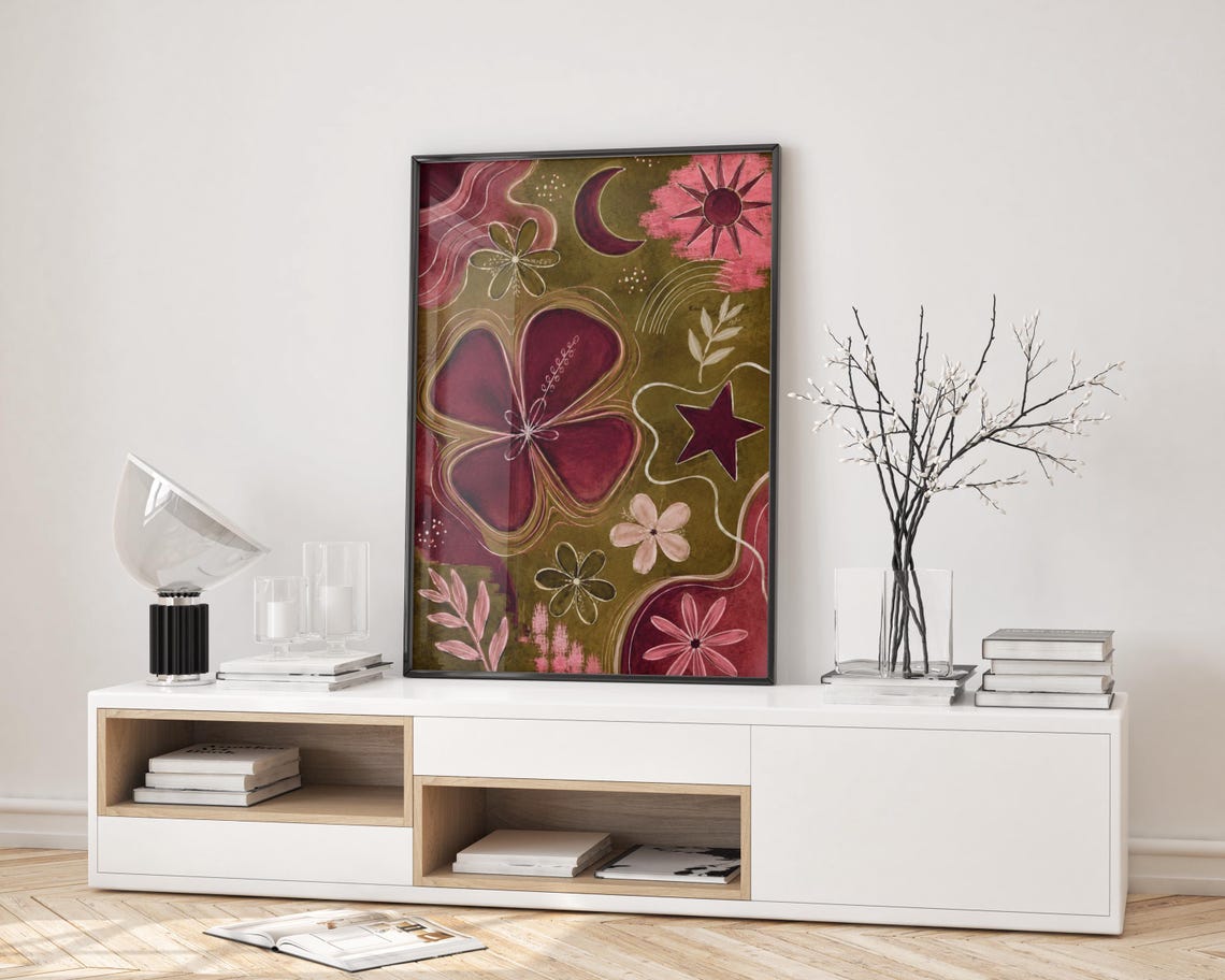 Boho Celestial Floral Print Burgundy Abstract Poster Retro Maximalist Decor - Image 2