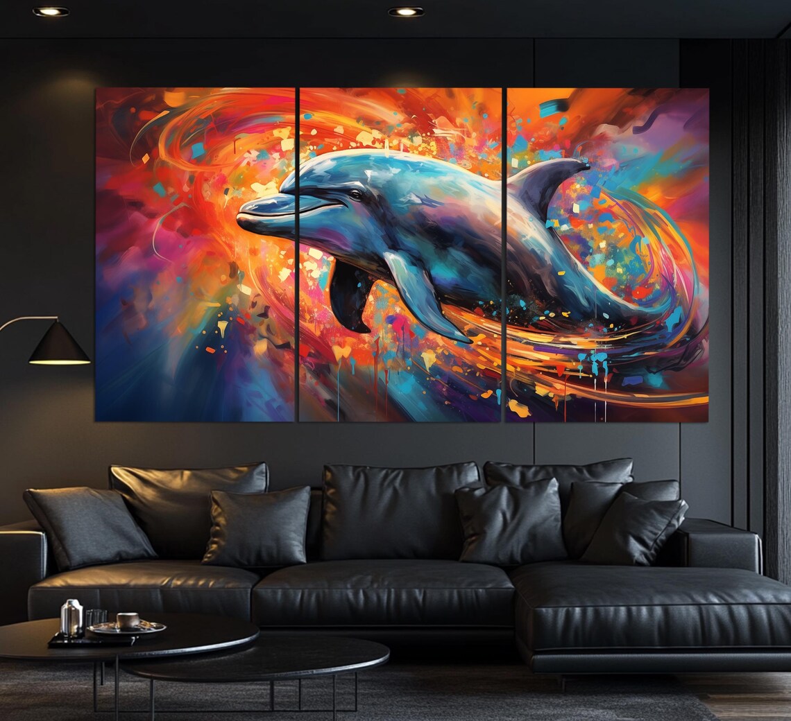 Dolphin Leaping Multicolor Abstract Swirl Vibrant Oil Painting Poster - Image 6