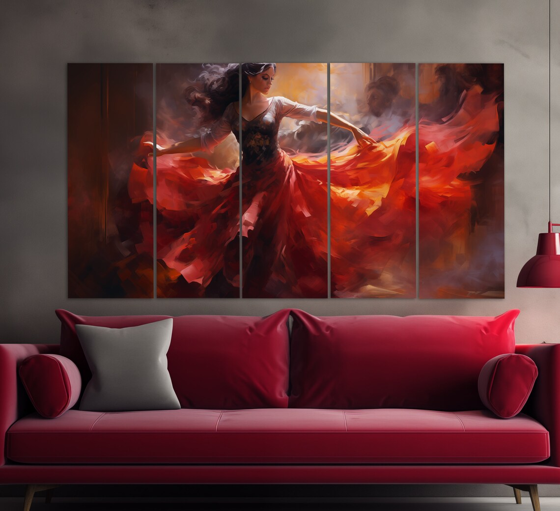 Passionate Flamenco Dancer Red Dress Swirling Skirt Oil Painting Poster - Image 2