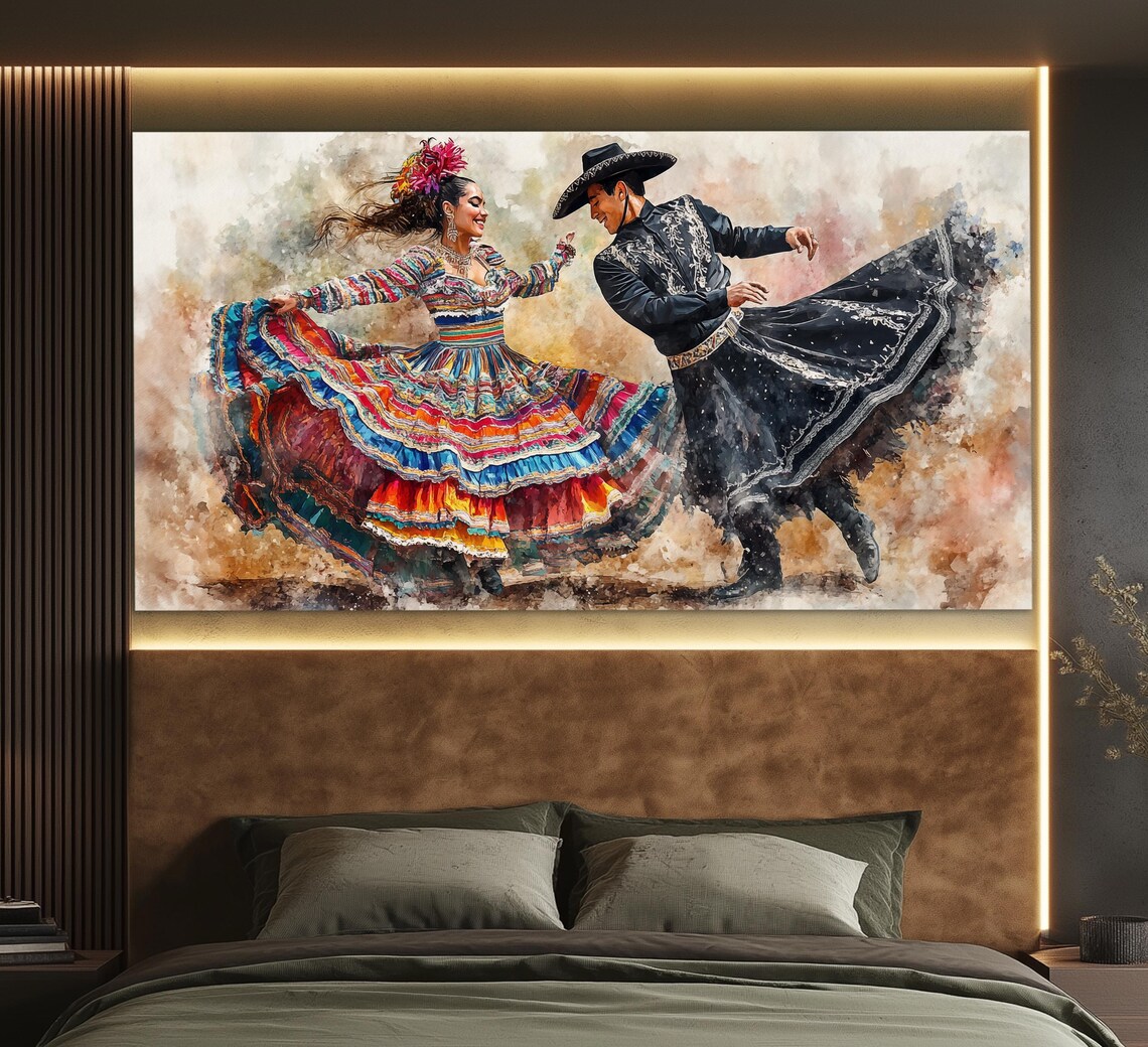 Mexican Folkloric Dancers Watercolor Style Vibrant Traditional Dance Poster - Image 3