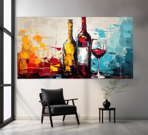 Abstract Wine Bottles And Glass Oil Painting Style Colorful Kitchen Wall Art