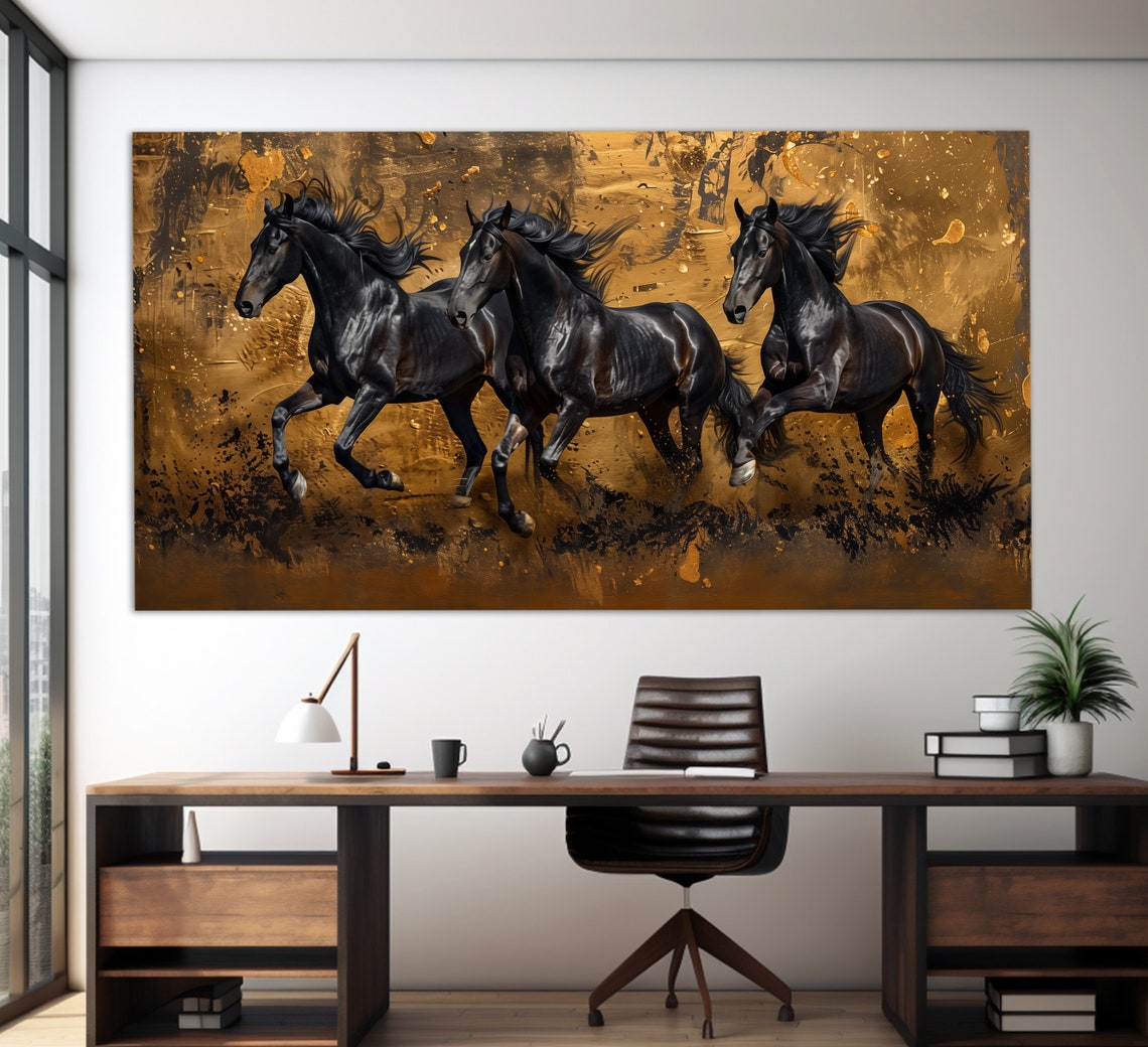 Galloping Horses Herd Dusty Vintage Oil Painting Equestrian Art Poster