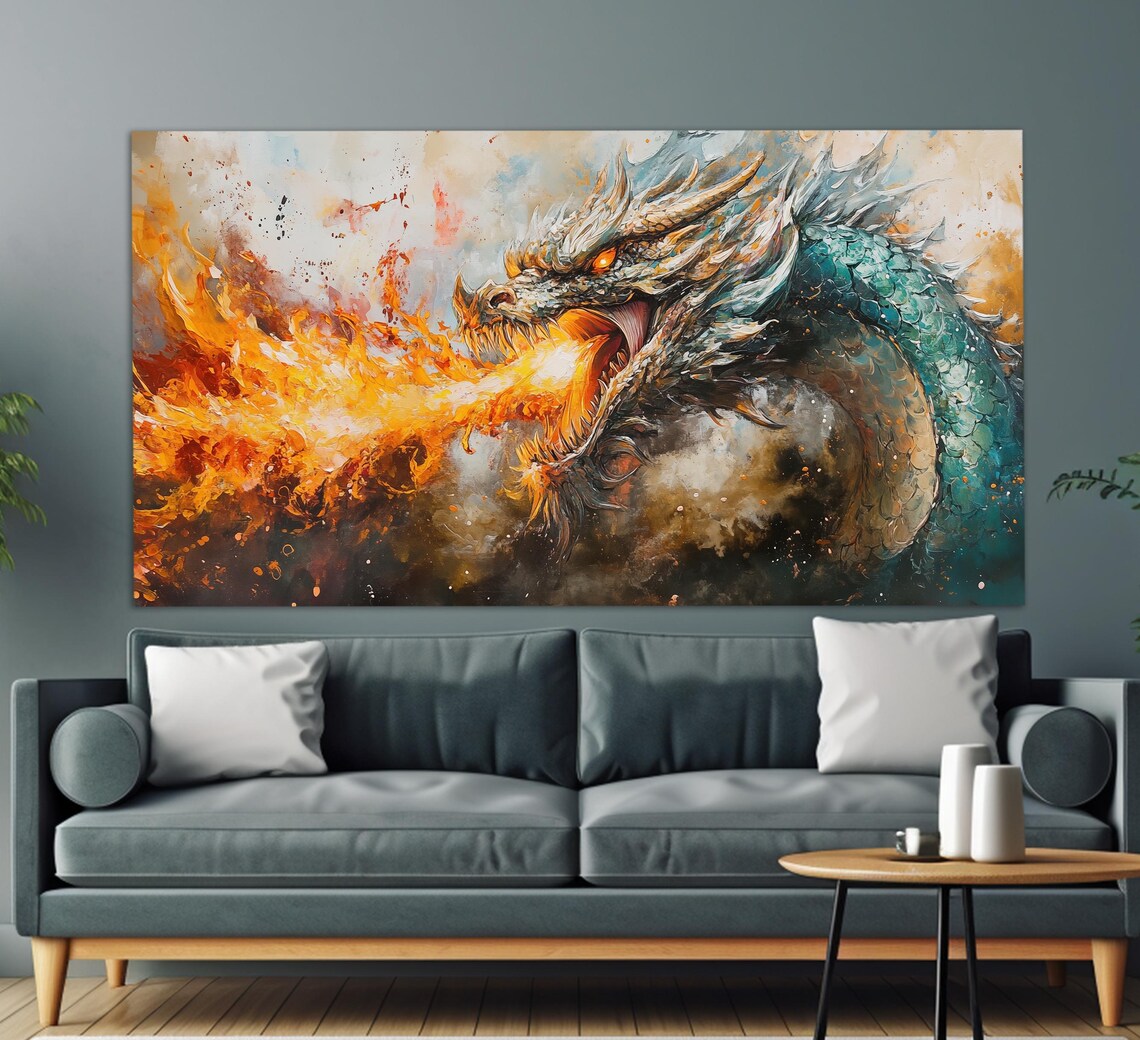 Fire Breathing Teal Dragon Head Fierce Orange Flames Fantasy Art Poster - Image 3