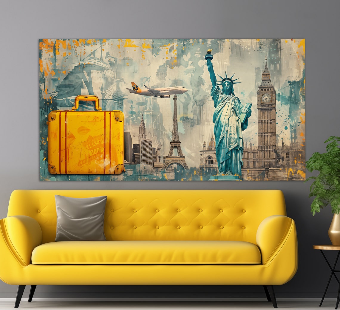 World Landmarks Suitcase Airplane Statue Liberty Eiffel Travel Poster