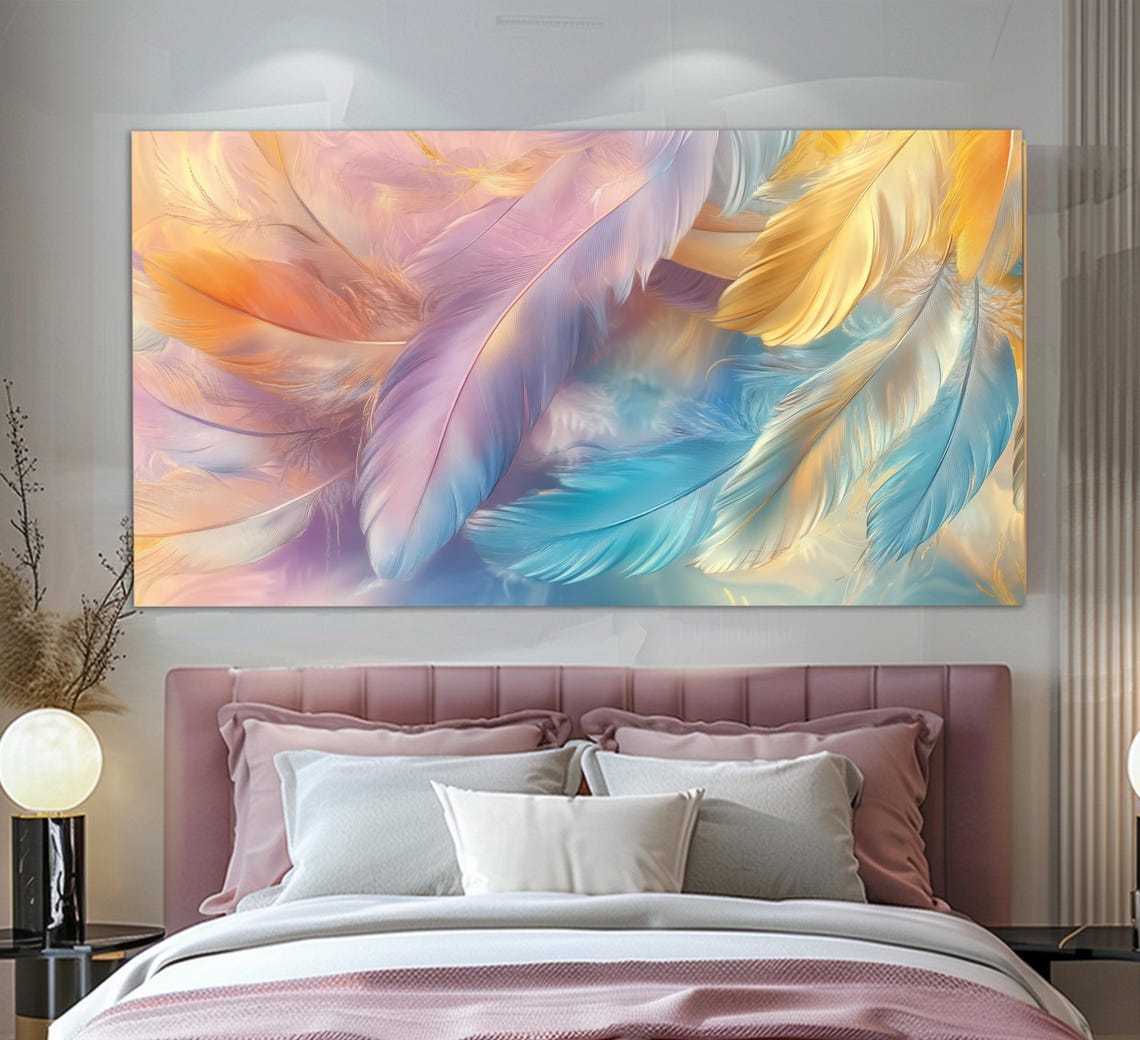 Soft Pastel Feathers Pink Yellow Blue Dreamy Neutral Bedroom Wall Art