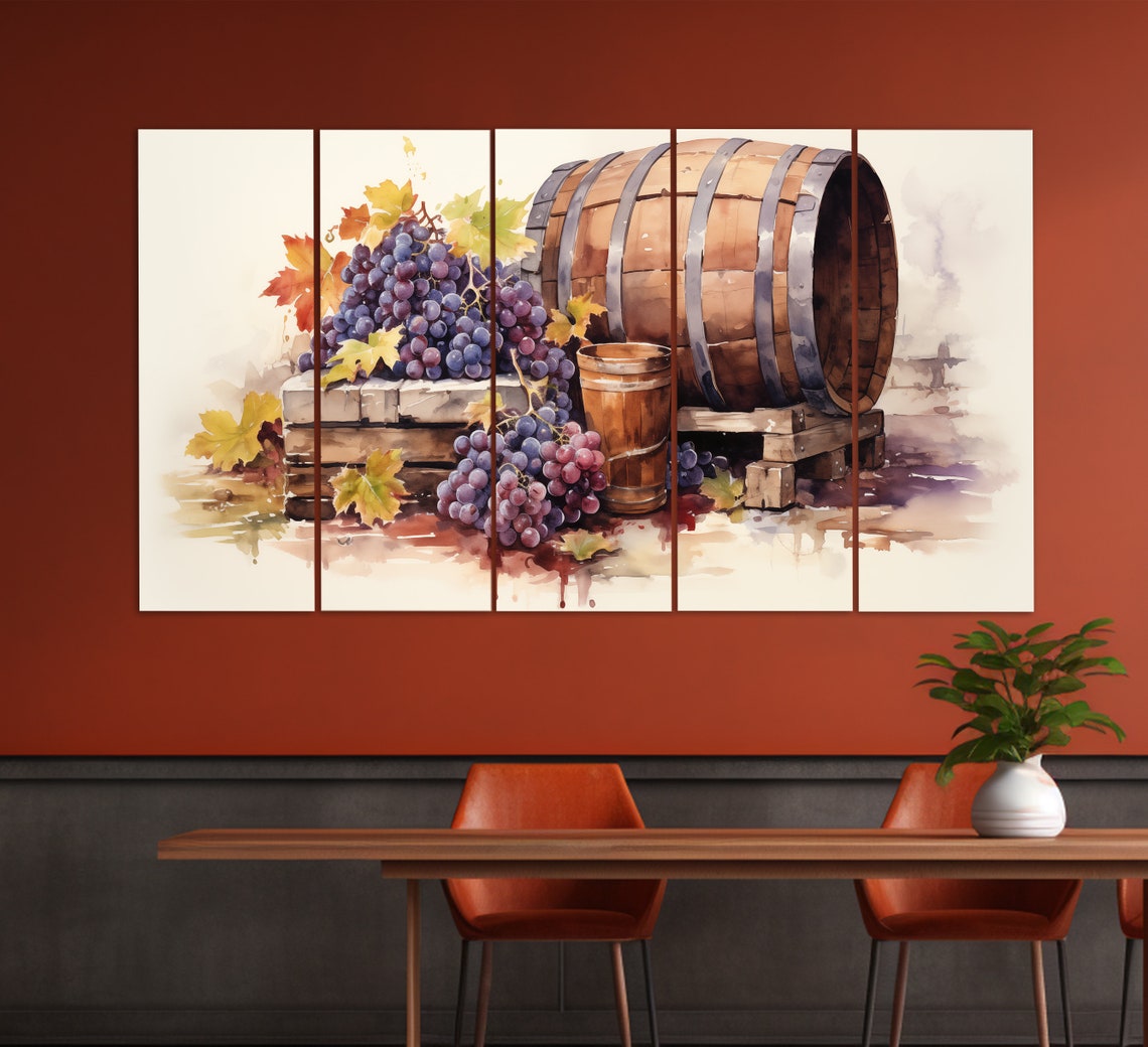 Wine Barrel and Grape Harvest Watercolor Rustic Kitchen Art Poster - Image 2