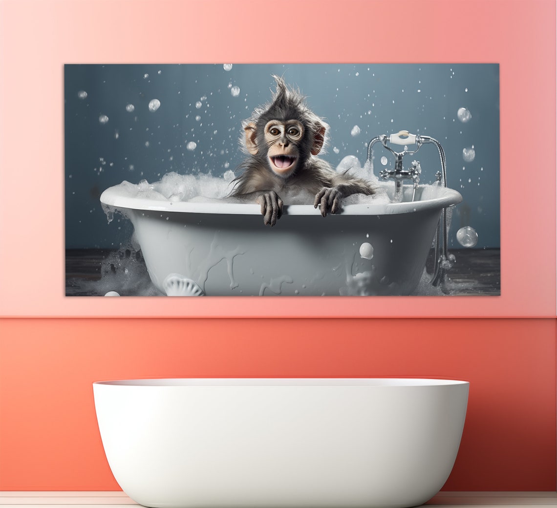 Funny Baby Monkey Splashing In Bubble Bath Happy Bath Time Wall Art - Image 6