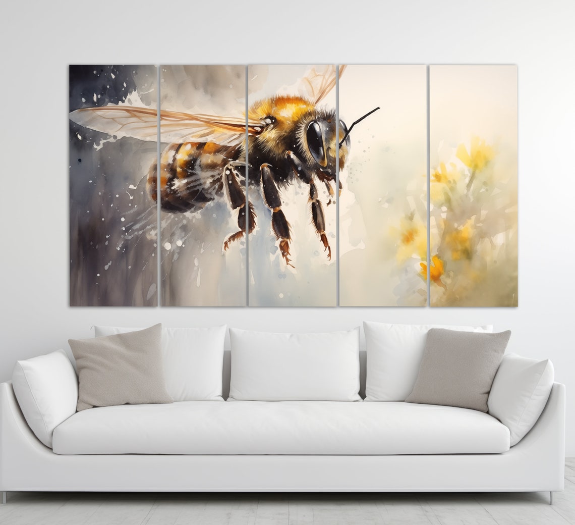 Honey Bee Close Up Watercolor Flight Detailed Nature Insect Art Poster - Image 2
