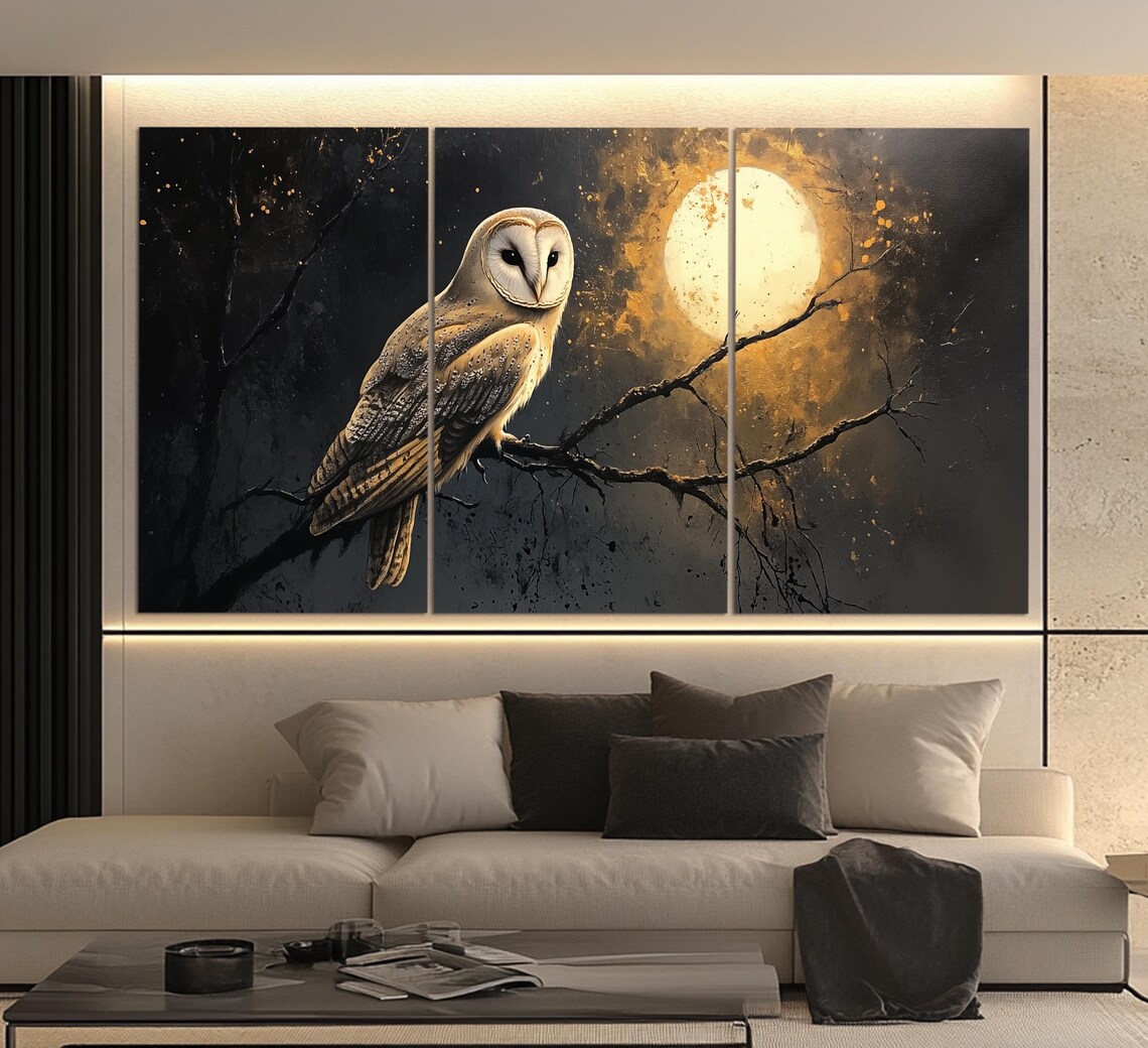 Barn Owl On Branch At Night With Golden Full Moon Vintage Style Poster - Image 6