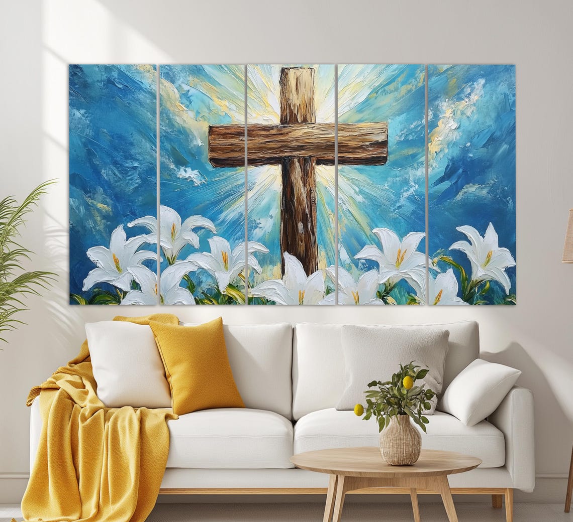 Wooden Cross With White Lilies And Heavenly Light Blue Sky Wall Art - Image 5