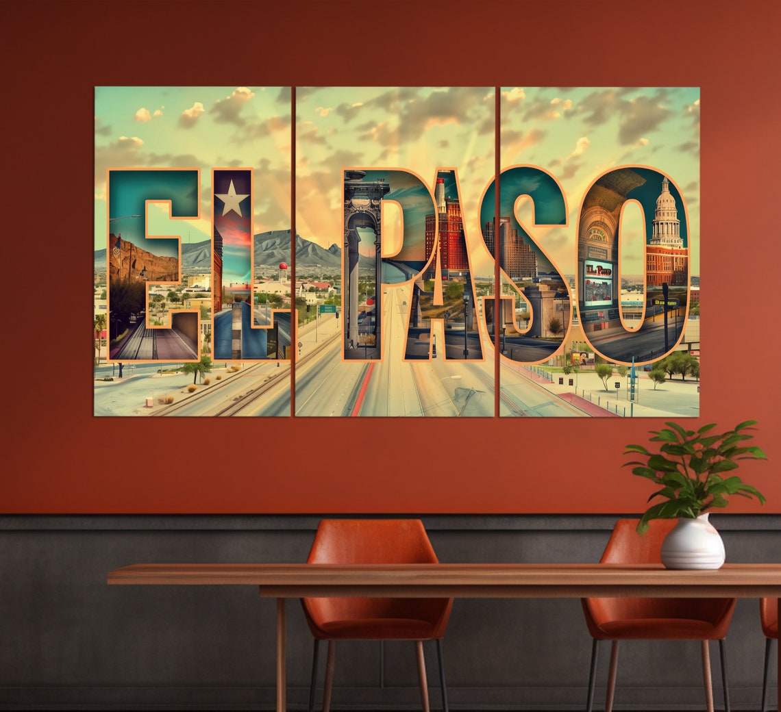 El Paso Texas Large Letter Sign Cityscape Retro Travel Collage Poster - Image 4