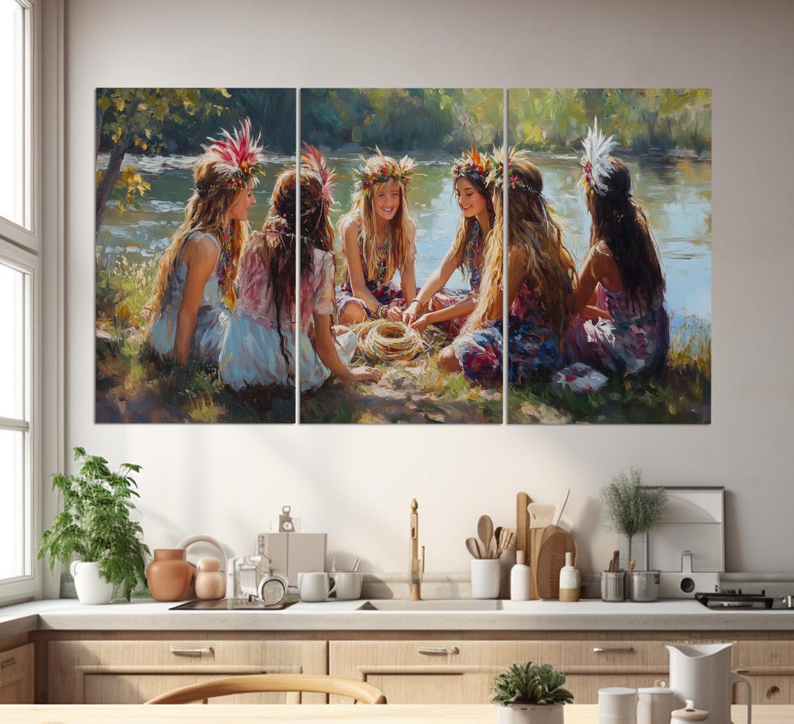 Happy Girls Sitting By The Lake Summer Wall Art Happiness Painting Travel Wall Art Friendship Wall Art Hippie Wall Art - Image 3