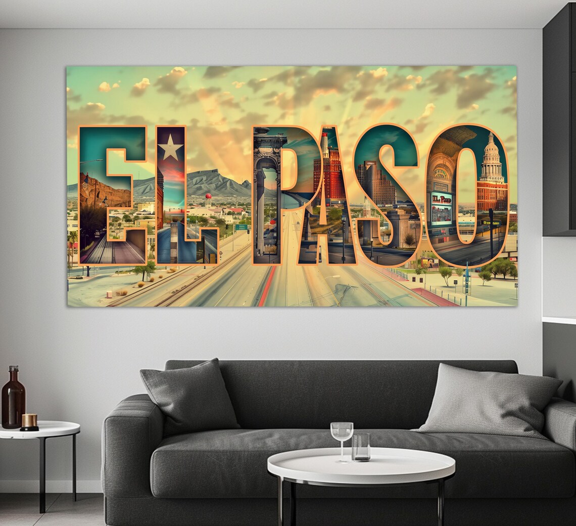 El Paso Texas Large Letter Sign Cityscape Retro Travel Collage Poster