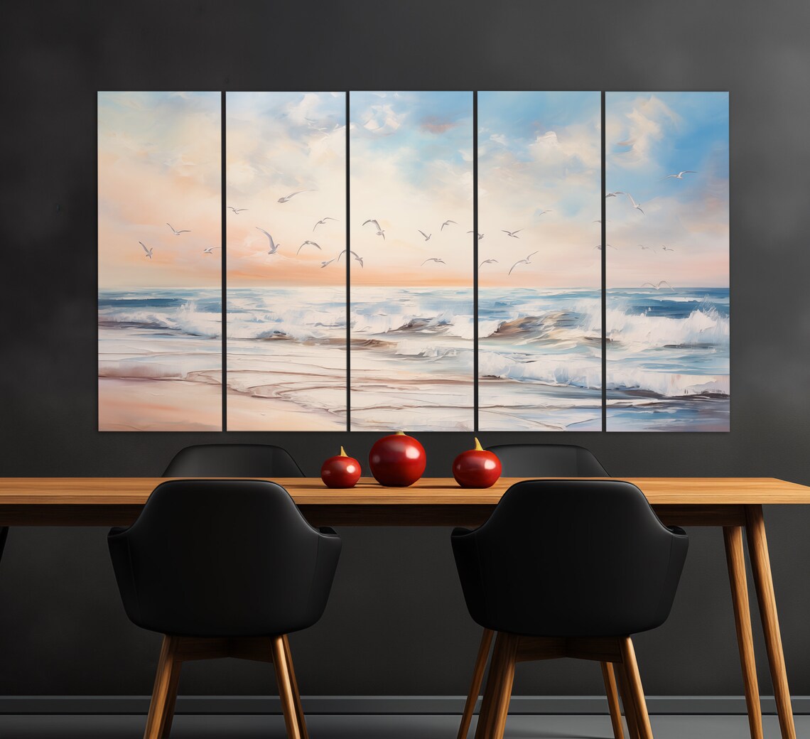 Seagulls Over Ocean Waves Sunset Soft Peach Blue Oil Painting Wall Art - Image 5