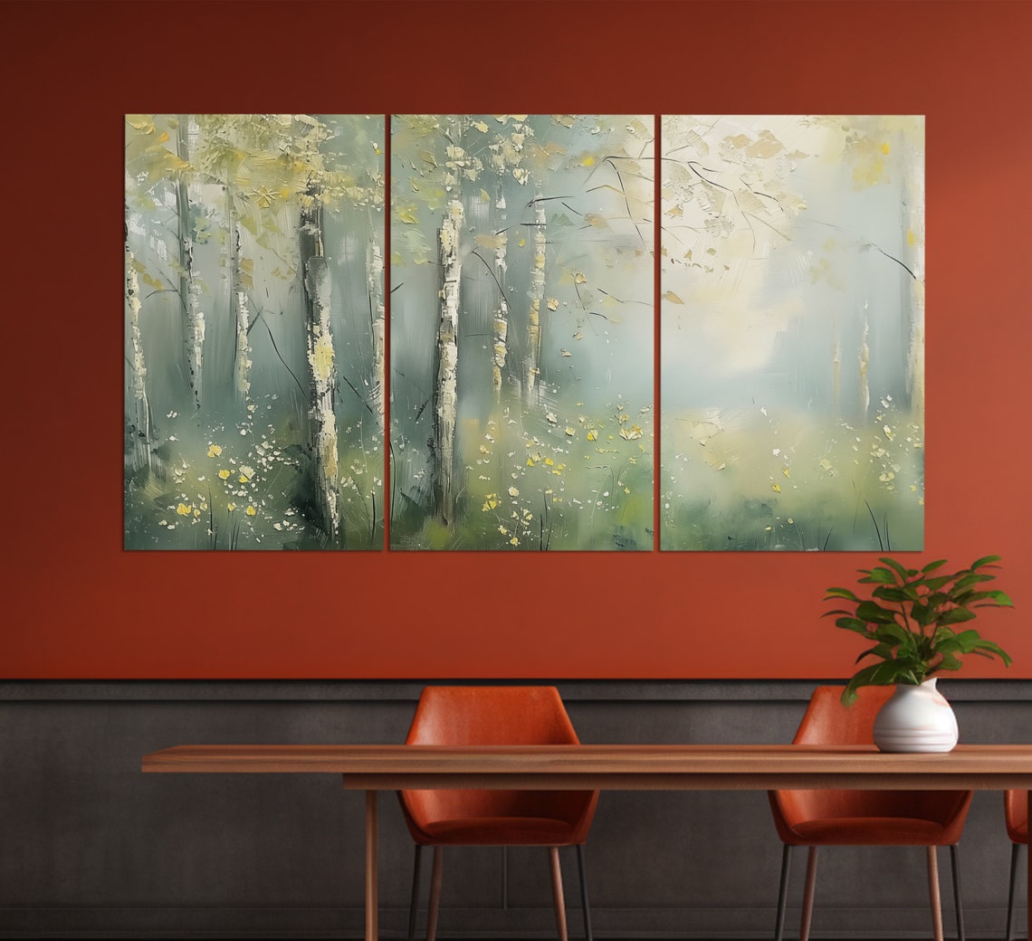 Misty Spring Forest Birch Trees Yellow Wildflowers Soft Light Wall Art - Image 3
