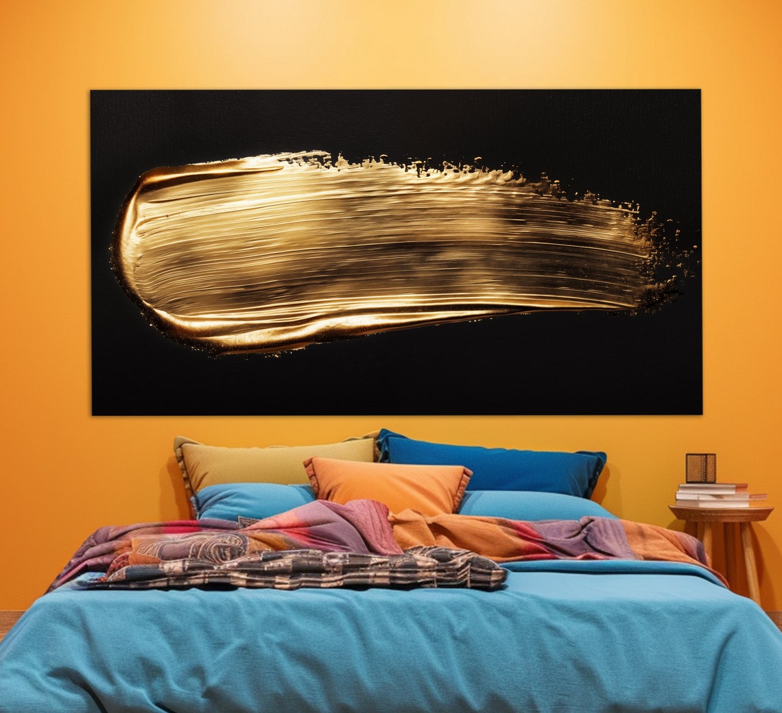 Gold Paint Brushstroke Smear Abstract Black Background Wall Art - Image 3