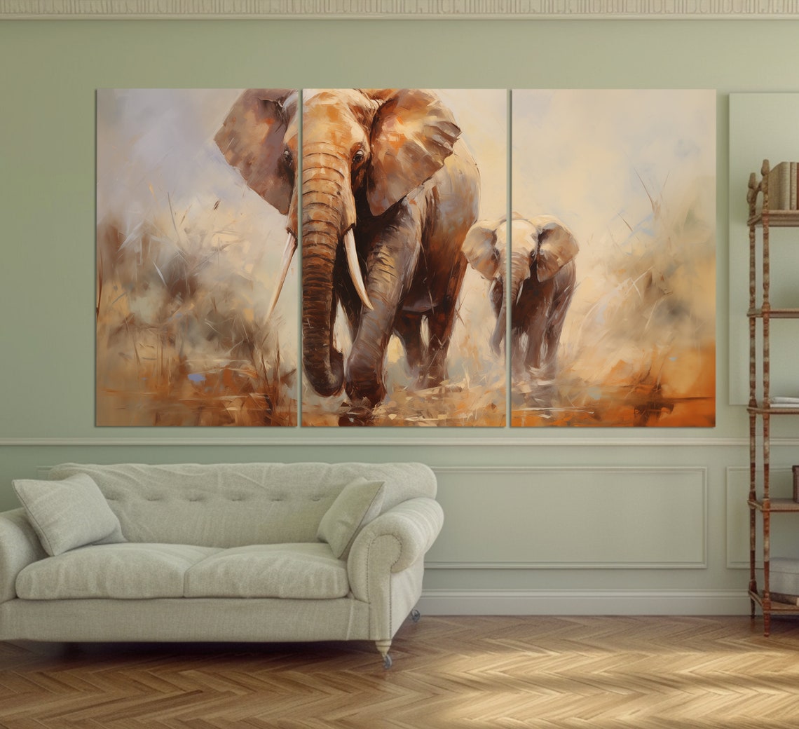 Elephant Mother And Calf Golden Savanna Dust Oil Painting Poster - Image 6