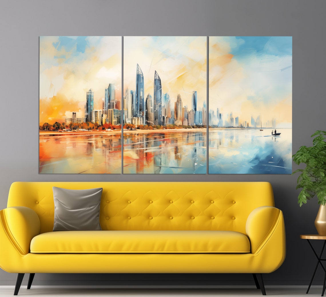 Abu Dhabi UAE Skyline Waterfront Watercolor Style Sunset Travel Poster - Image 6
