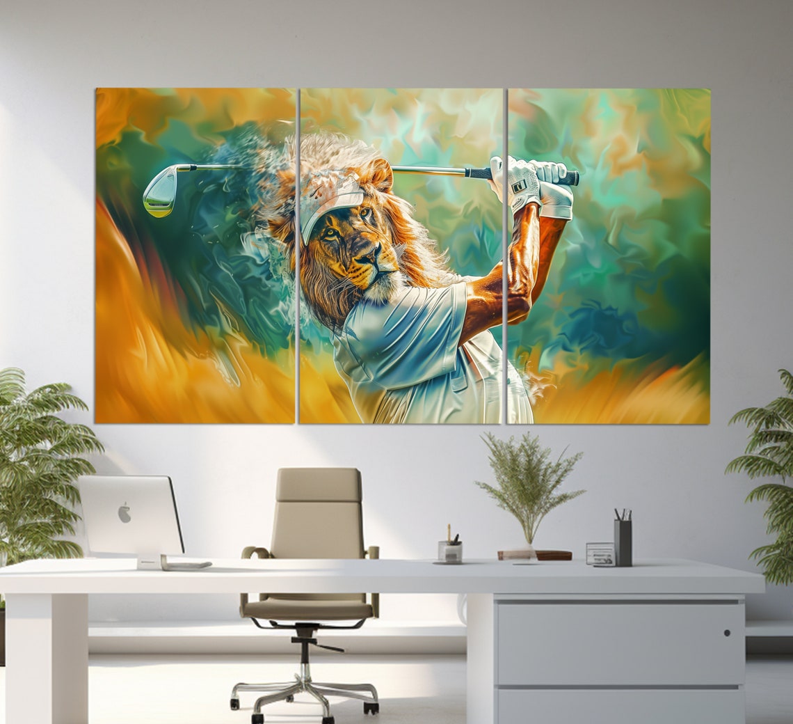 Lion Playing Golf Humorous Painting Golf Club Fan Gift Wall Art Poster - Image 3