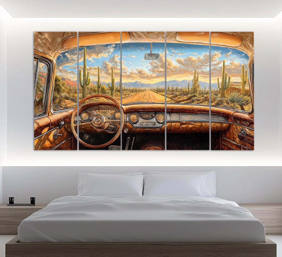 Vintage Car Desert Road Saguaro Cactus Sunset Driver View Poster - Image 5