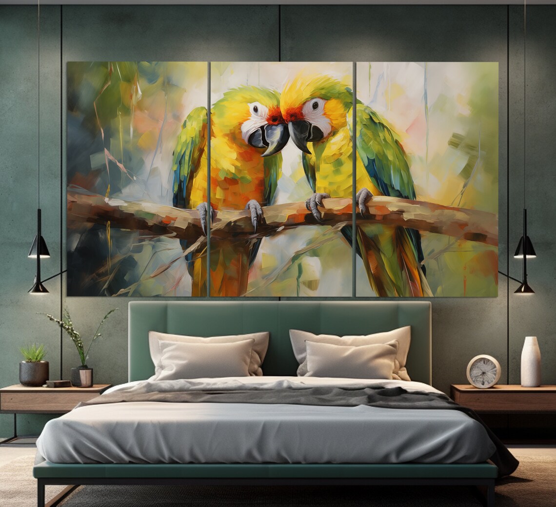 Macaw Parrot Couple Touching Beaks Colorful Oil Painting Wall Art - Image 6
