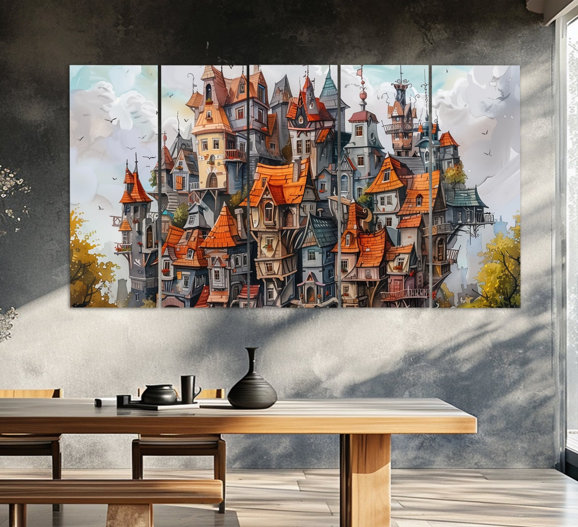 Abstract Dancing Houses Print In An Oil Painting Style Abstract Wall Art Surreal Houses Painting Fantasy Houses Print - Image 2