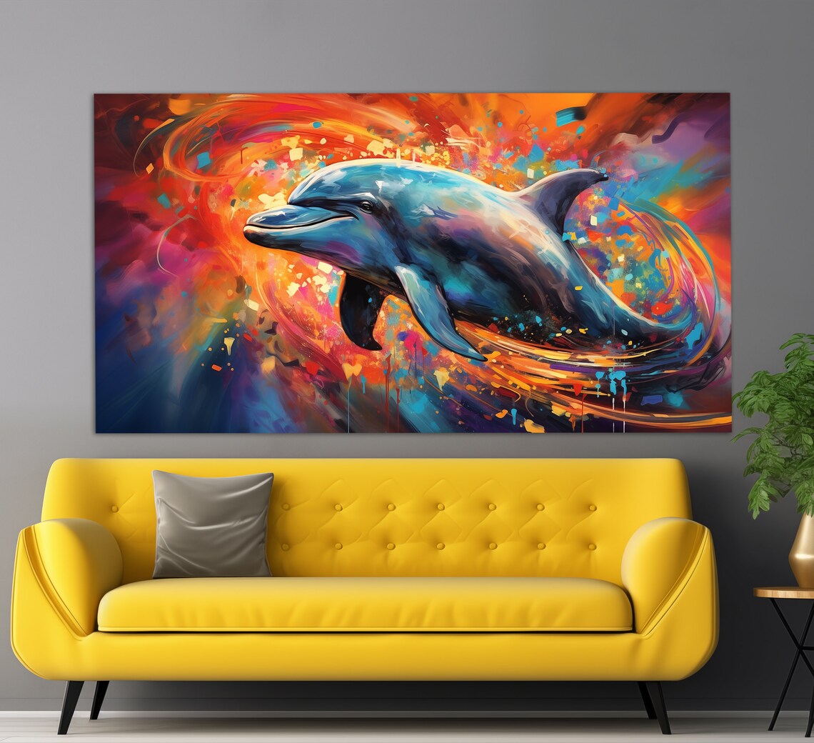 Dolphin Leaping Multicolor Abstract Swirl Vibrant Oil Painting Poster - Image 3