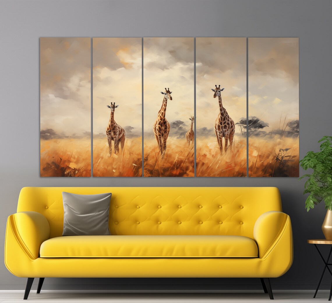Giraffes Walking Through Golden African Savannah Vintage Oil Painting Wall Art Print - Image 2
