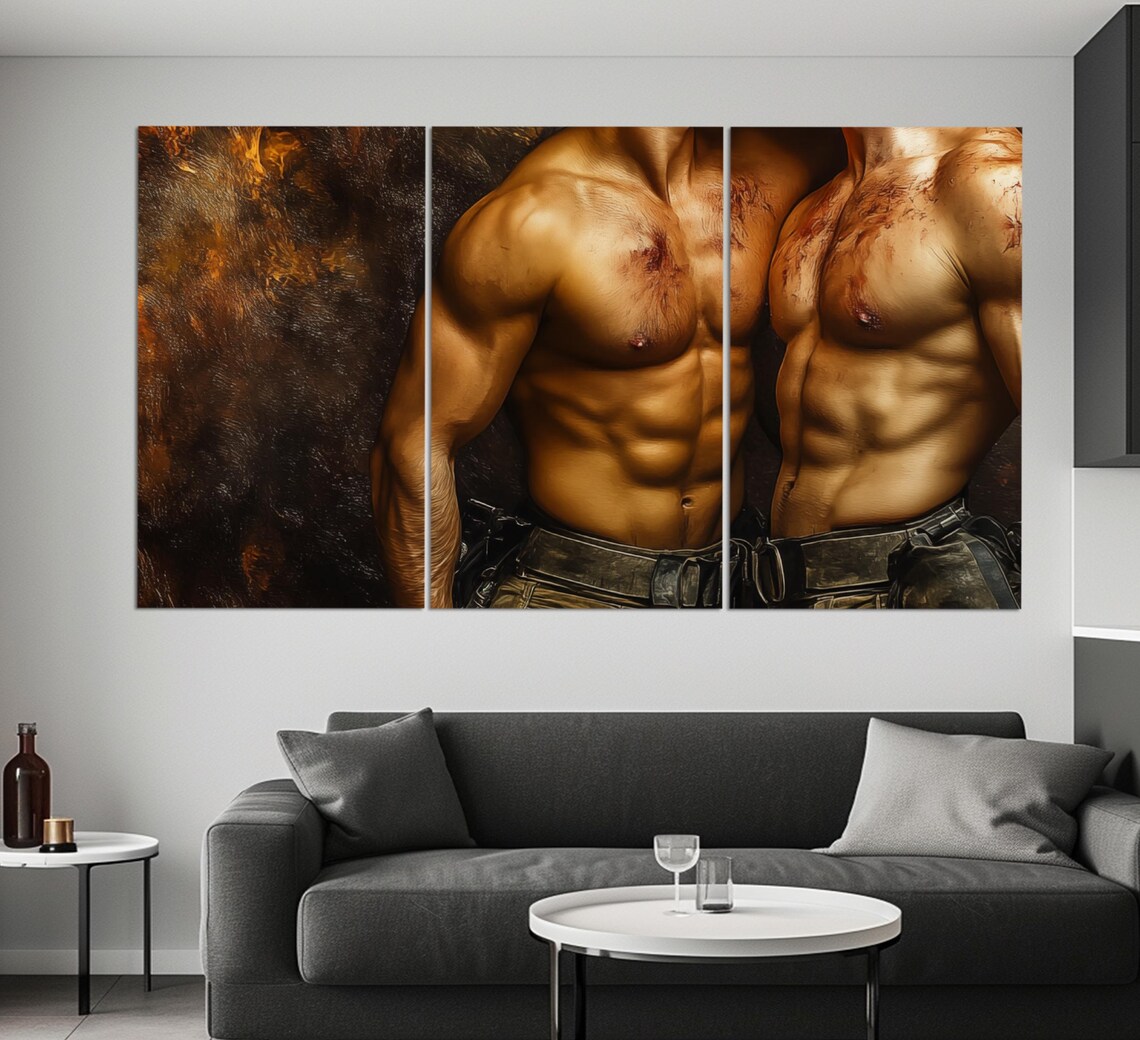 Muscular Men Embracing Gay Love Pride Romantic Painting Bedroom Poster - Image 4
