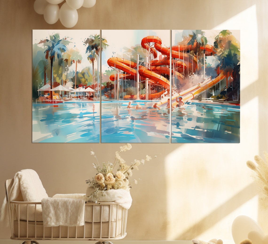 Water Park Print In An Vintage Oil Painting Style Kids In Aquapark Painting Aquapark Wall Art Children In Water Park Poster - Image 2