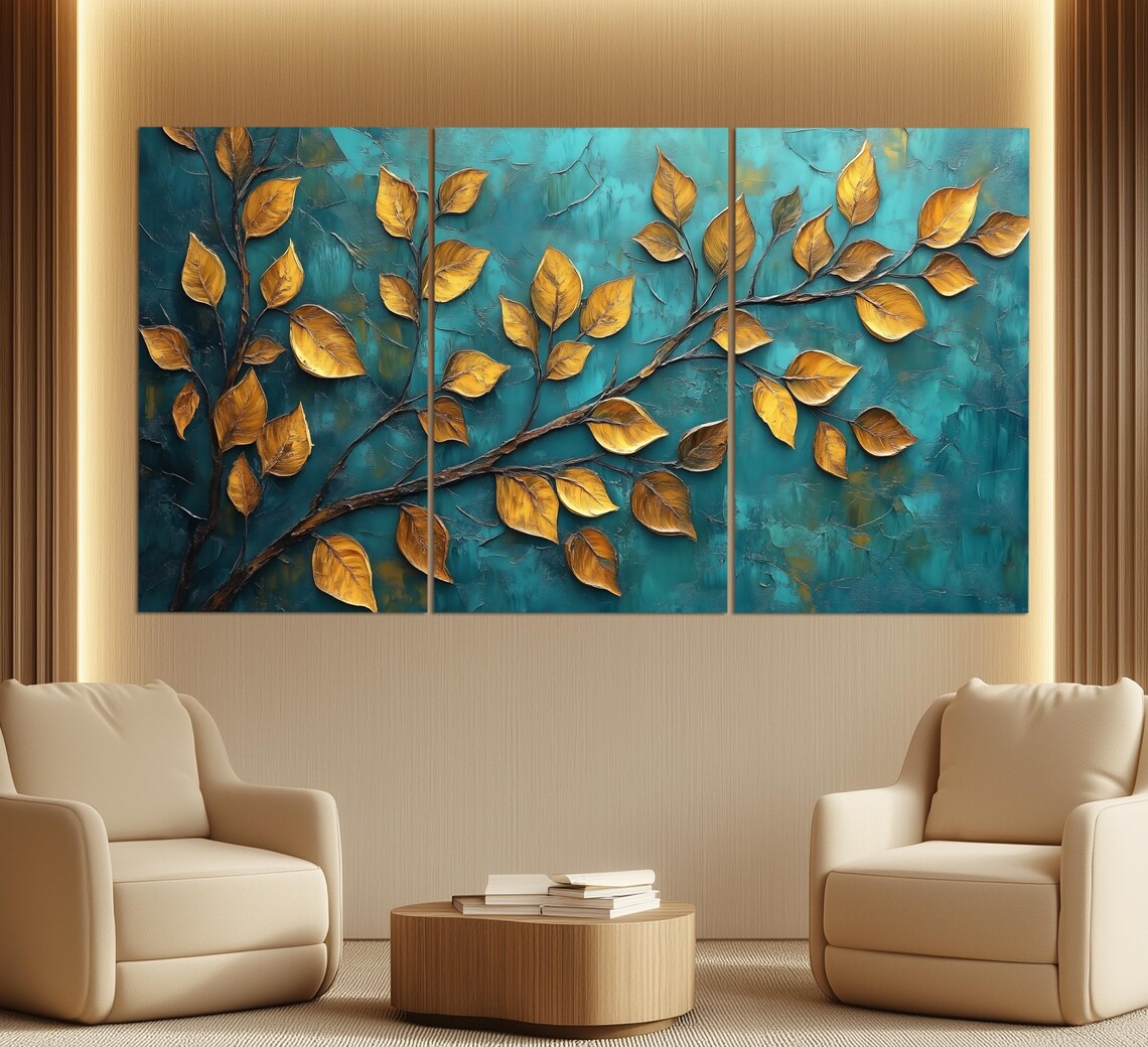 Golden Leaves Branch Turquoise Textured Luxury Botanical Art Poster - Image 3