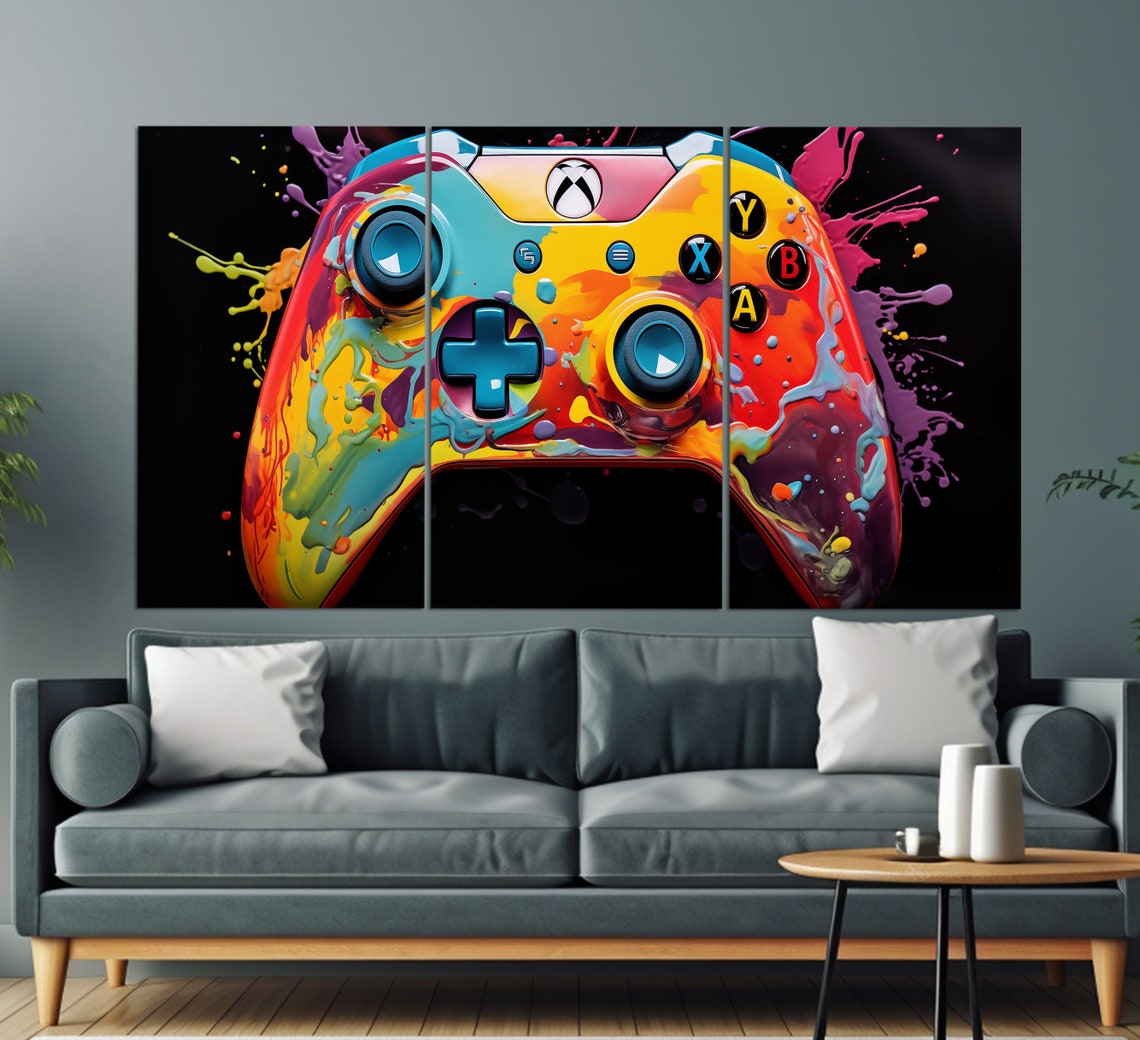 Rainbow Painted Game Controller Splashes Black Gaming Poster