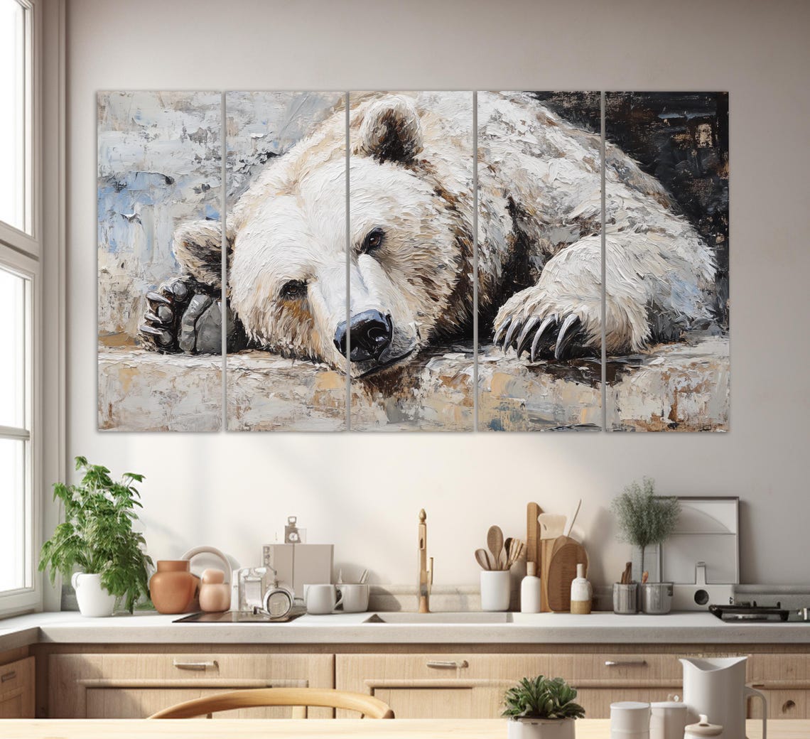 Sleepy Polar Bear Resting Head on Paws White Impasto Art Poster - Image 2