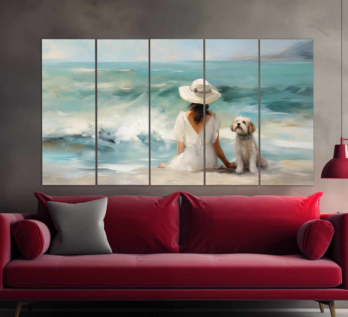 Woman With Dog on the Beach, Vintage Oil Print - Image 2